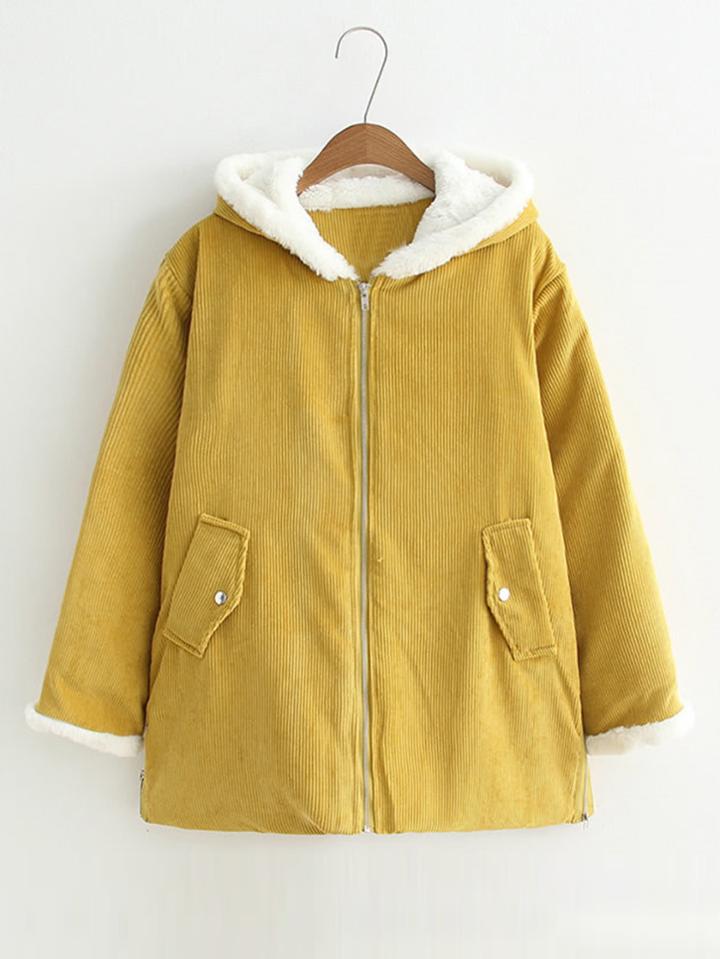 Romwe Faux Fur Trim Corduroy Hooded Coat