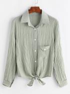 Romwe Green Tie Front Crinkle Ribbed Chest Pocket Blouse
