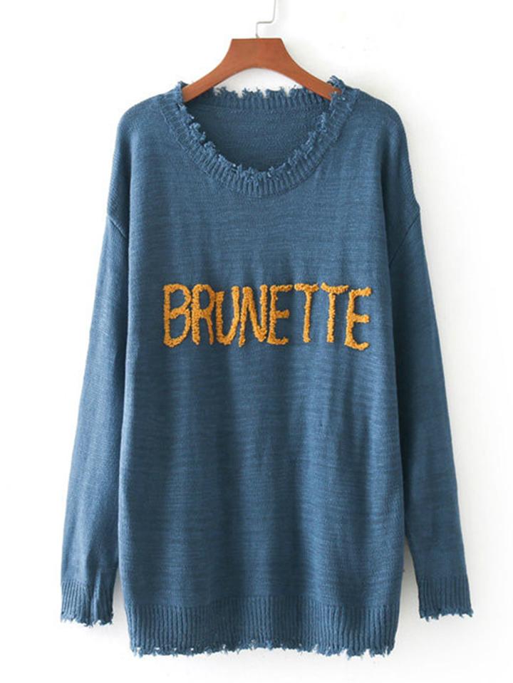 Romwe Ripped Trim Longline Slogan Knitwear