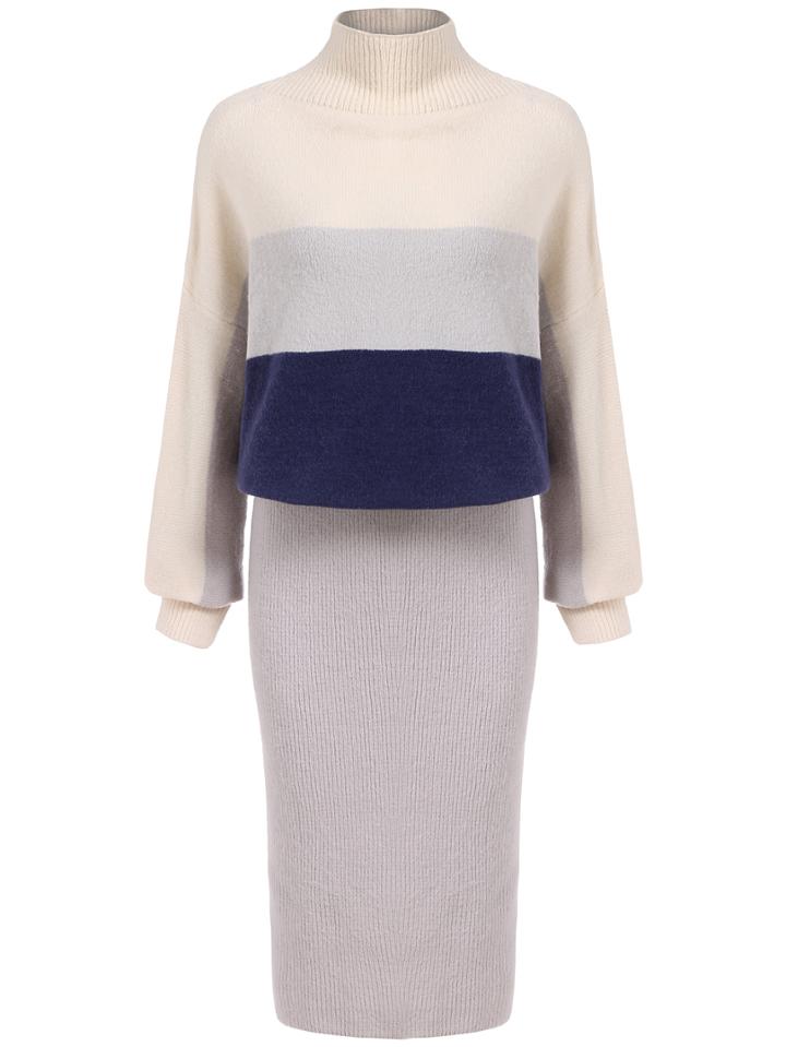 Romwe High Neck Dropped Shoulder Seam Color-block Top With Split Back Jersey Skirt
