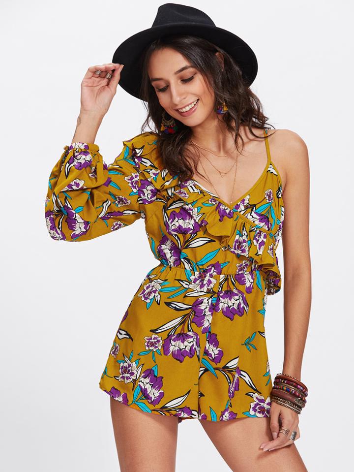 Romwe Frill Trim One Shoulder Floral Romper
