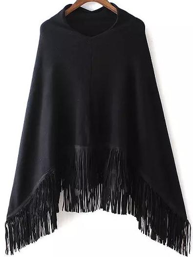 Romwe V Neck Tassel Black Poncho