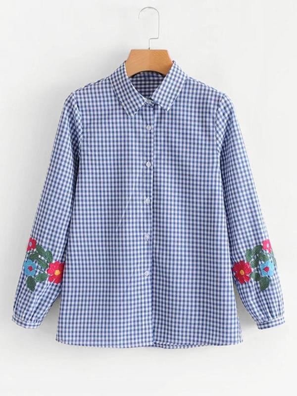 Romwe Embroidered Sleeve Gingham Blouse