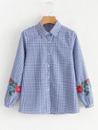 Romwe Embroidered Sleeve Gingham Blouse