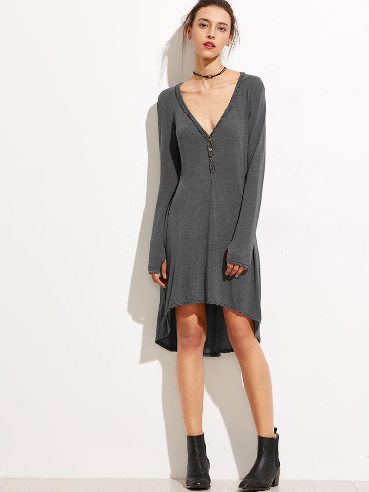 Romwe Grey Deep V Neck Dip Hem Button Front Dress