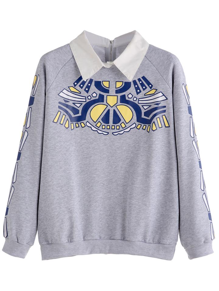 Romwe Contrast Collar Printed Raglan Sleeve Zip Back Sweatshirt