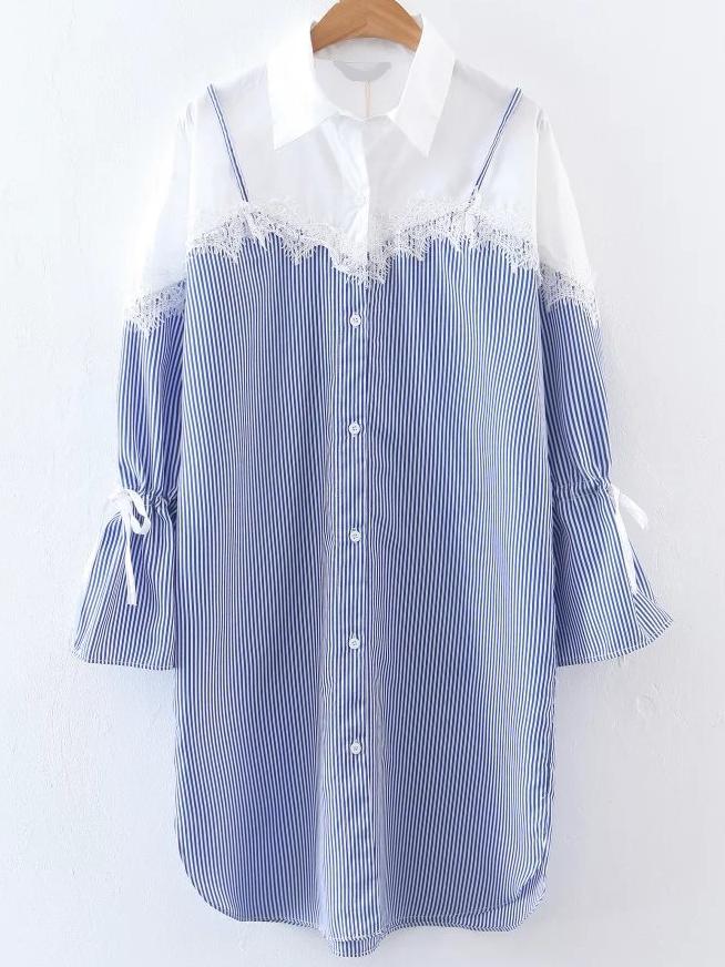 Romwe Contrast Lace Tie Cuff Blouse