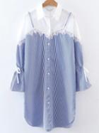 Romwe Contrast Lace Tie Cuff Blouse