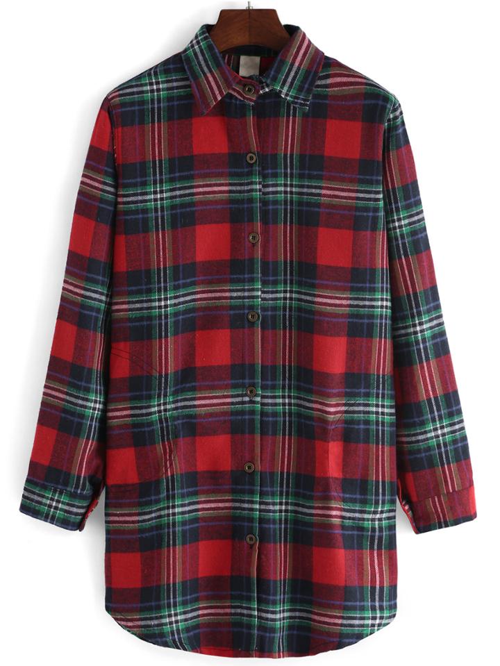 Romwe Lapel Checkered Buttons Long Blouse