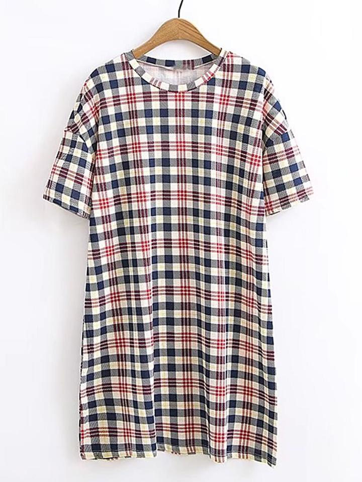 Romwe Short Sleeve Plaid Tunic Dress