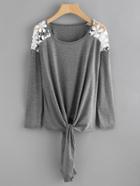 Romwe Contrast Crochet Knot Front Marled Tee
