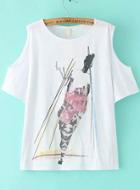 Romwe Cold Shoulder People Print T-shirt