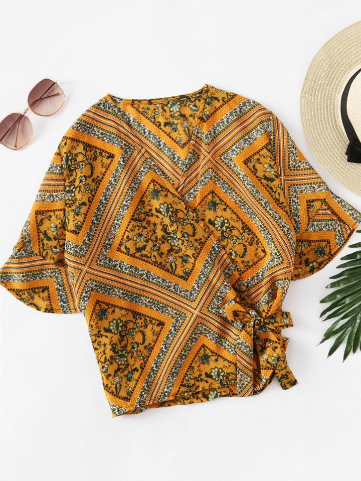 Romwe V Neckline Floral Print Side Knot Surplice Top