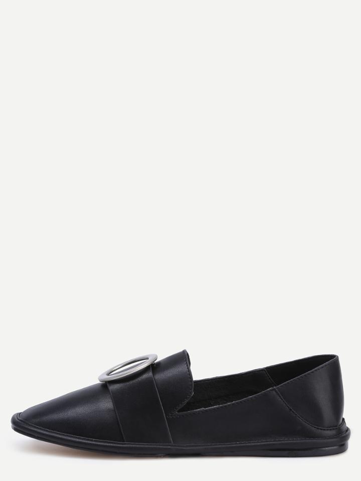 Romwe Black Contrast Plastic Buckle Pu Flats