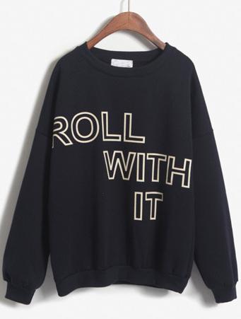 Romwe Roll With It Print Loose Navy Sweatshirt