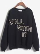 Romwe Roll With It Print Loose Navy Sweatshirt