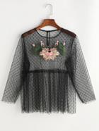 Romwe Black Embroidered Applique Buttoned Keyhole Dot Mesh Top