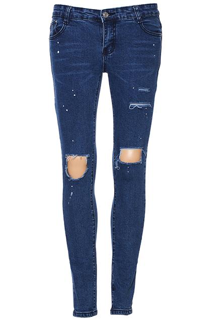 Romwe Dot Embellished Destroyed Blue Jeans