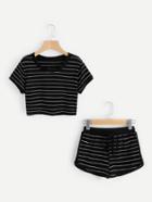 Romwe Striped Crop Tee With Dolphin Shorts