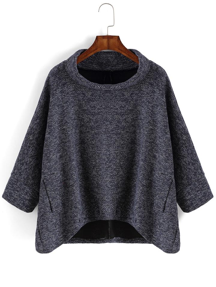 Romwe Batwing Sleeve Loose Dip Hem Blue Sweater