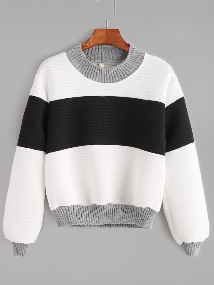Romwe Contrast Textured Ribbed Trim Sweatshirt