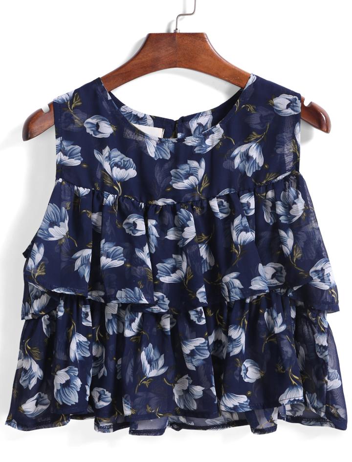 Romwe Flower Print Ruffle Chiffon Royal Blue Vest