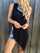 Romwe Black Sleeveless Split Asymmetrical T-shirt