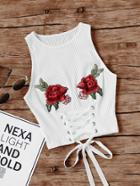Romwe Embroidered Rose Patch Lace Up Ribbed Tank Top