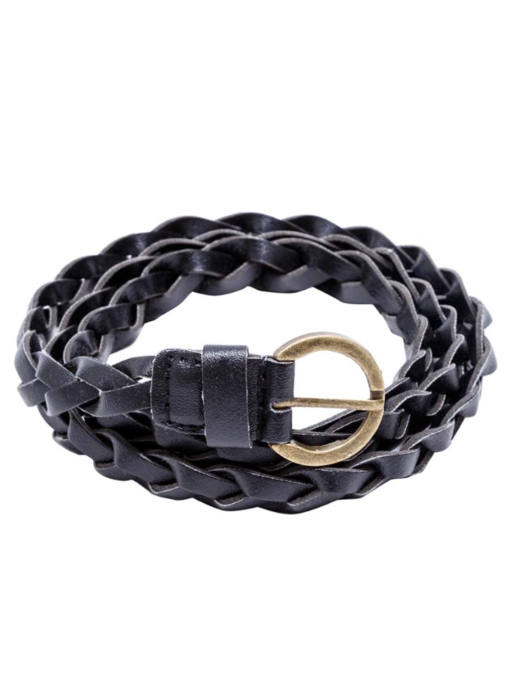 Romwe Black Braided Buckled Faux Leather Skinny Belt