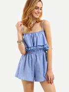 Romwe Blue Spaghetti Strap Vertical Striped Fringe Romper