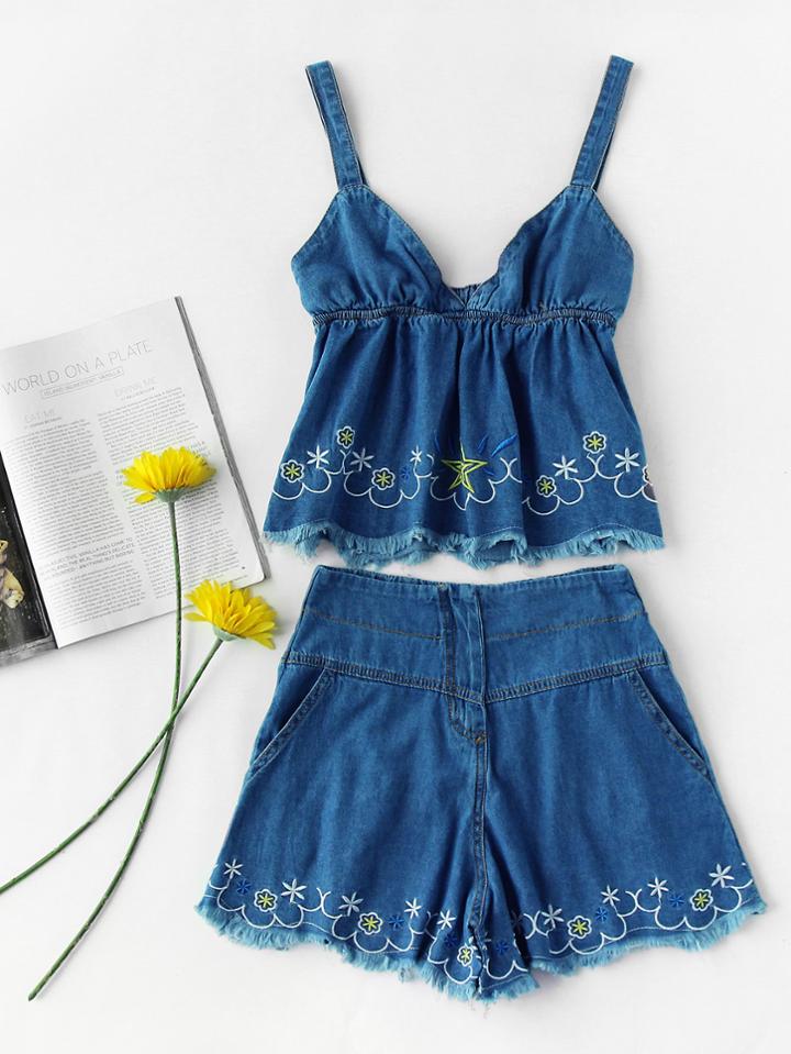 Romwe Embroidered Fray Hem Smock Denim Cami Top With Shorts