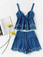Romwe Embroidered Fray Hem Smock Denim Cami Top With Shorts