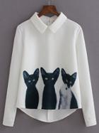 Romwe White Lapel Long Sleeve Cats Print Blouse