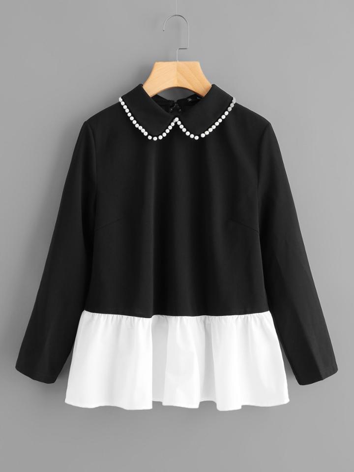 Romwe Pearl Beading Collar Keyhole Back Contrast Hem Top