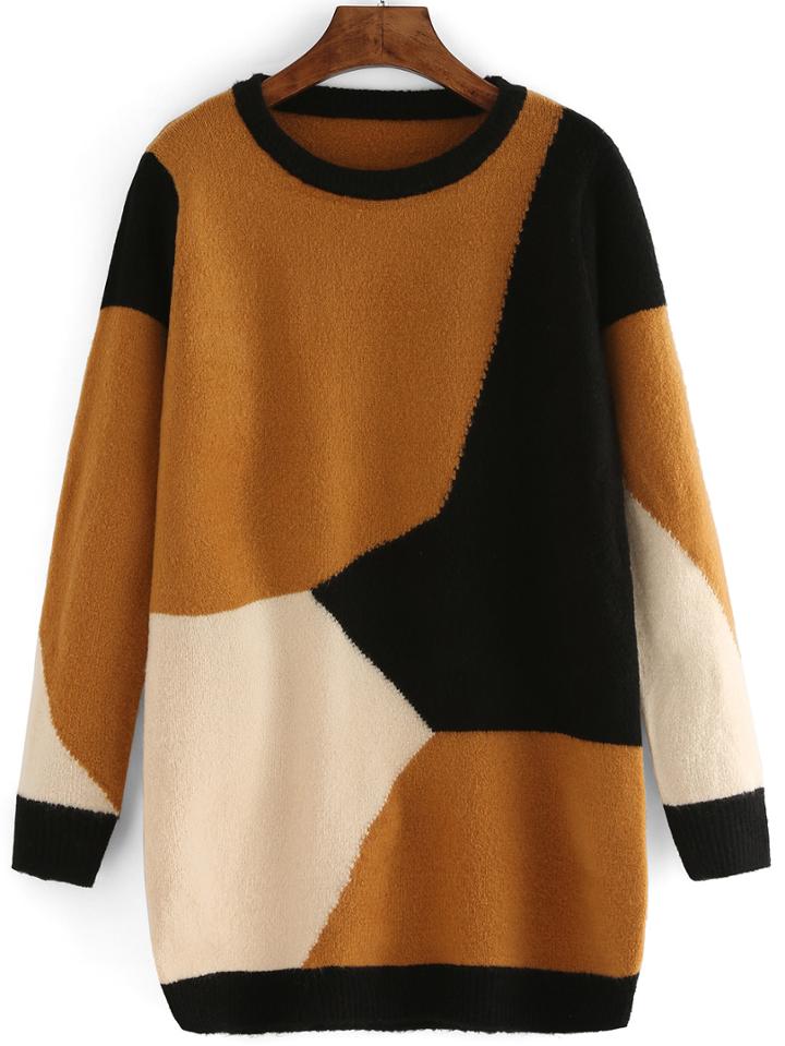 Romwe Round Neck Khaki Long Sweater