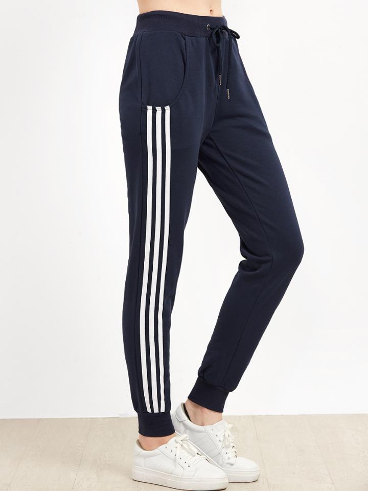 Romwe Dark Blue Striped Side Tie Waist Pants