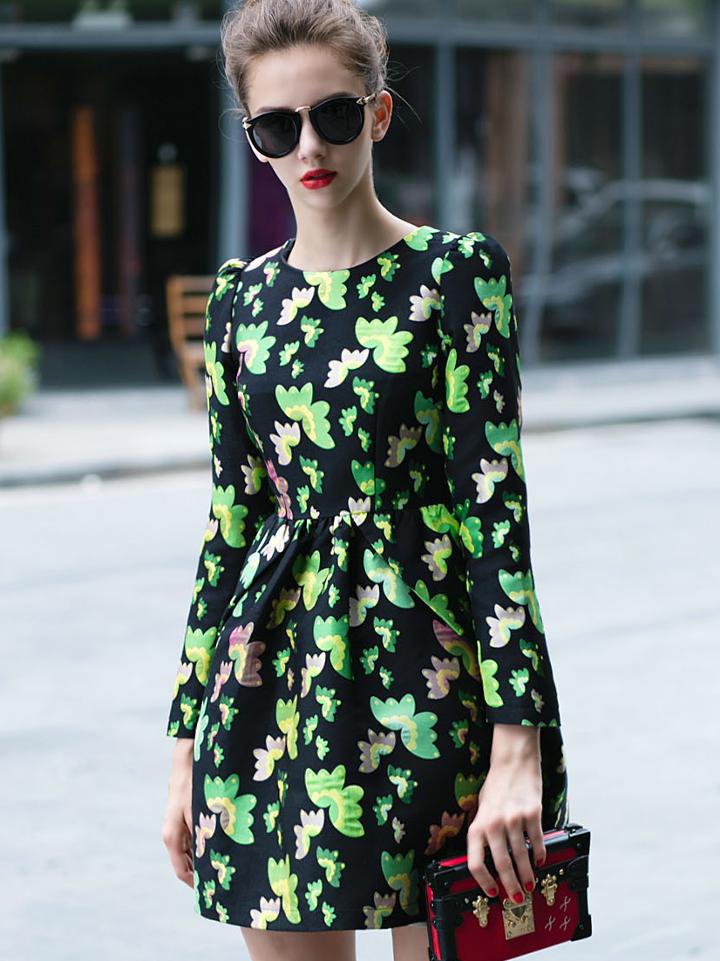 Romwe Green Round Neck Long Sleeve Floral Print Dress