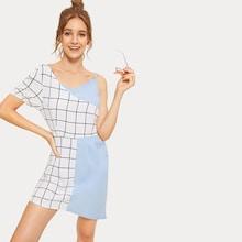 Romwe Cut And Sew Plaid Panel Dress