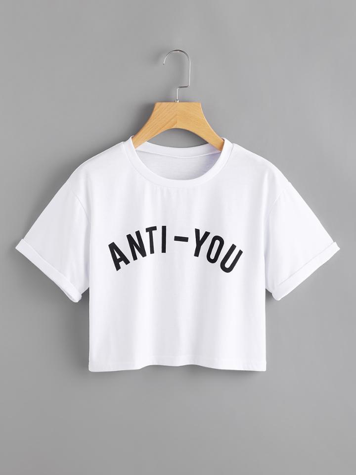 Romwe Slogan Print Cuffed Tee