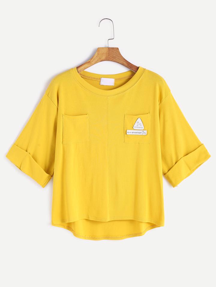 Romwe Yellow High Low Patch Pockets Cuffed T-shirt