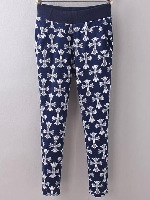 Romwe Blue Rib Waist Cross Print Leggings With Pockets