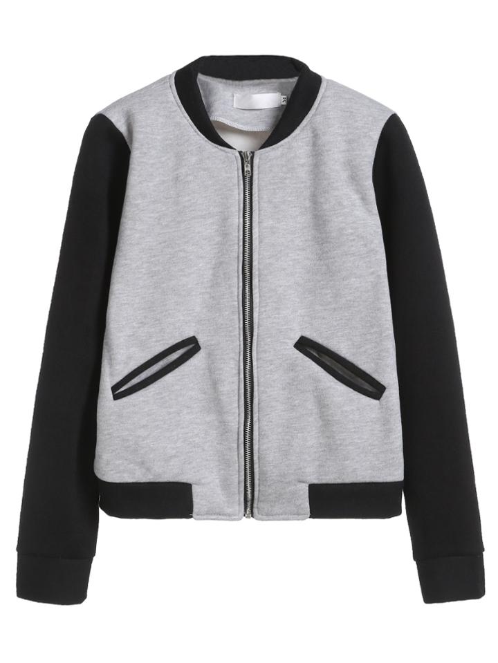 Romwe Grey Contrast Sleeve Zipper Up Baseball Jacket