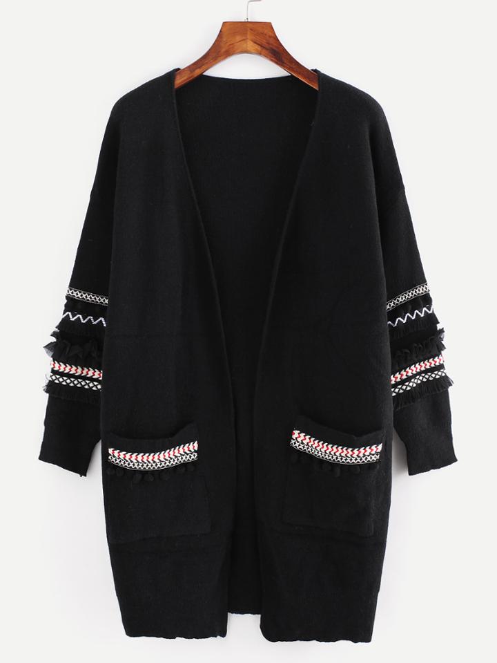 Romwe Chevron Patch Pompom And Fringe Detail Cardigan