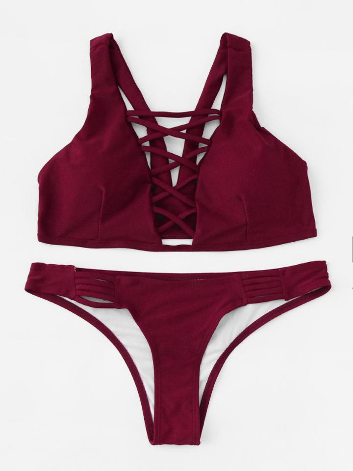 Romwe Criss Cross Plunge Neckline Bikini Set