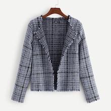 Romwe Frayed Trim Plaid Tweed Coat