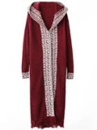 Romwe Red Tribal Pattern Fringe Hem Hooded Long Cardigan