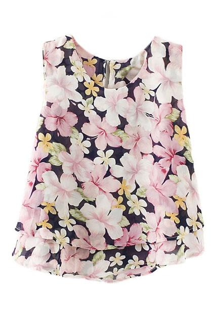 Romwe Floral Print Sleeveless Blouse