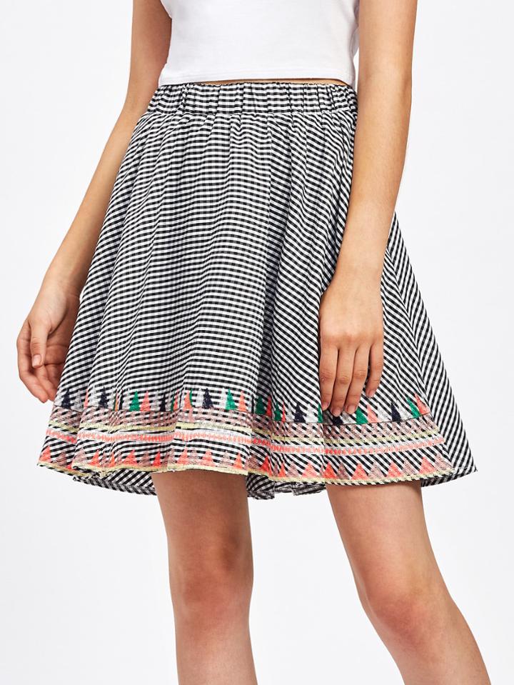 Romwe Elastic Waist Embroidery Gingham Skirt