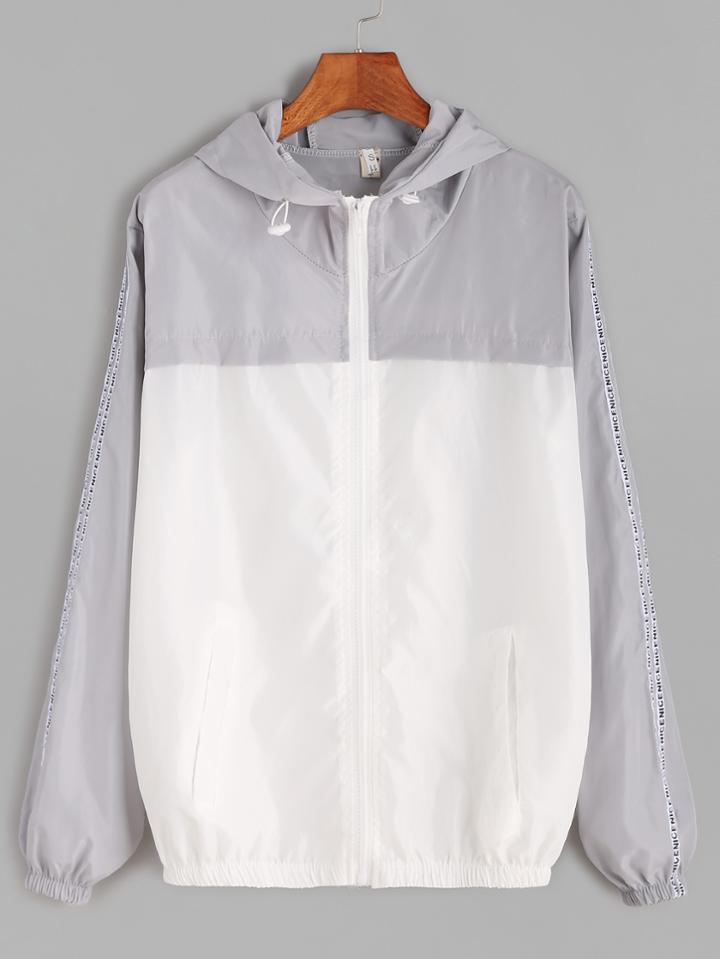 Romwe Contrast Sleeve Tape Detail Drawstring Hooded Zipper Jacket