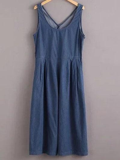 Romwe Blue Sleeveless Buttons Side Denim Wide Leg Jumpsuit